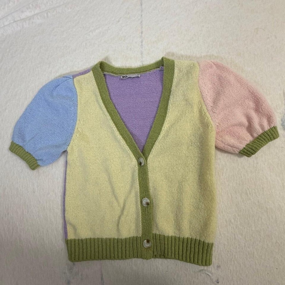 SO Goods for Life Pastel Colorblock Knit Cardigan XS Short‎ Sleeve Button Front